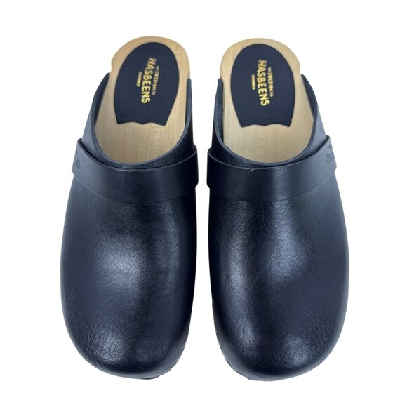 Swedish Hasbeens Women's Husband Black Leather Wooden Sole Clogs SZ EU 36 , US 6 - Picture 4 of 14
